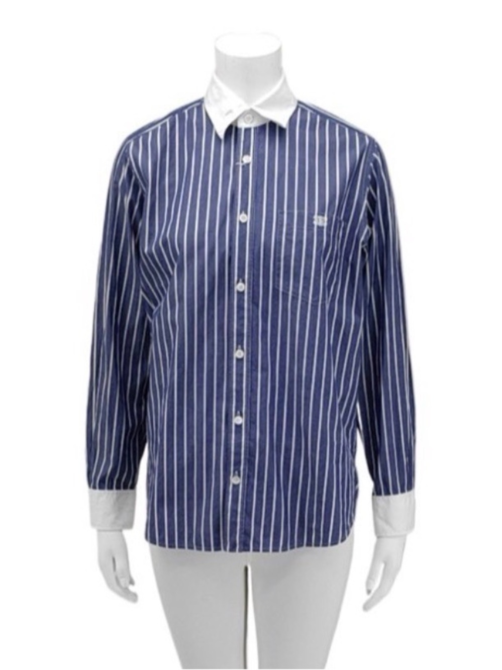 Celine Navy and White Vertical Stripe Dress Shirt